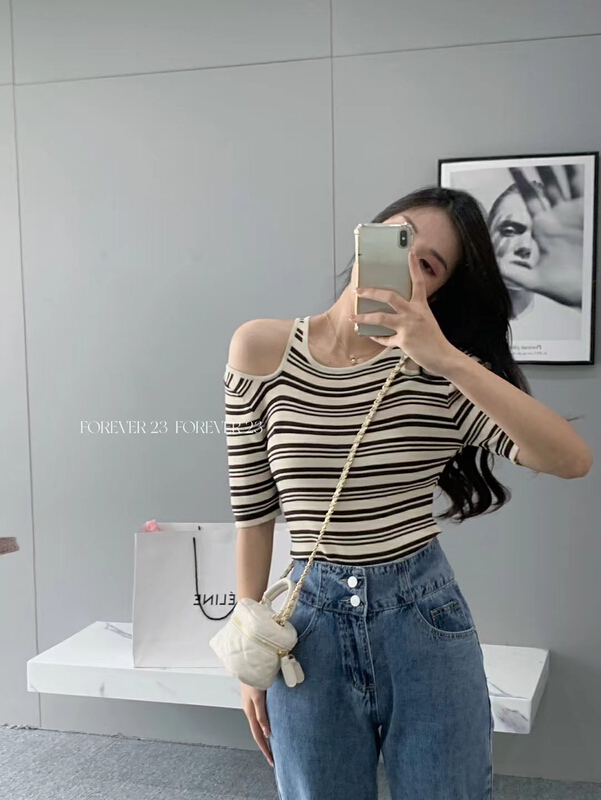 [forever23] temperament off shoulder stripe shirt a1091\hjy