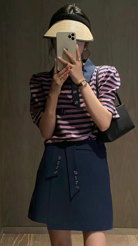[8090] Korean Pullover short sleeve T-shirt + slim and versatile skirt set ys1-2096\l