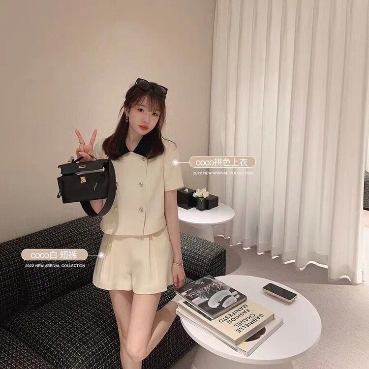 [Maizi] small fragrance short sleeve short coat + high waist casual Shorts Set 910\hbx