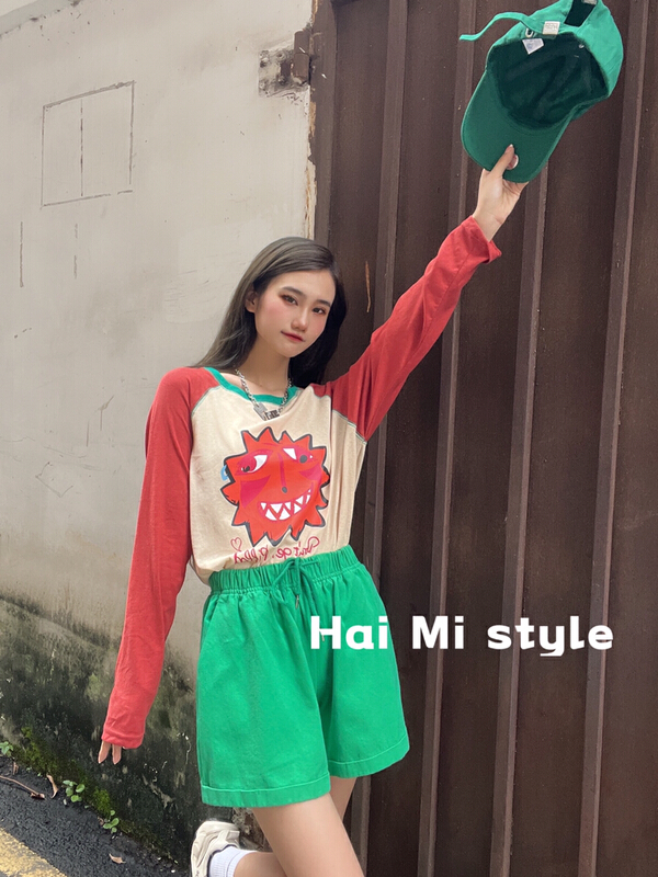 [Haimi] Korean fashion hand printed patchwork color contrast sunscreen shirt 1936\wtt