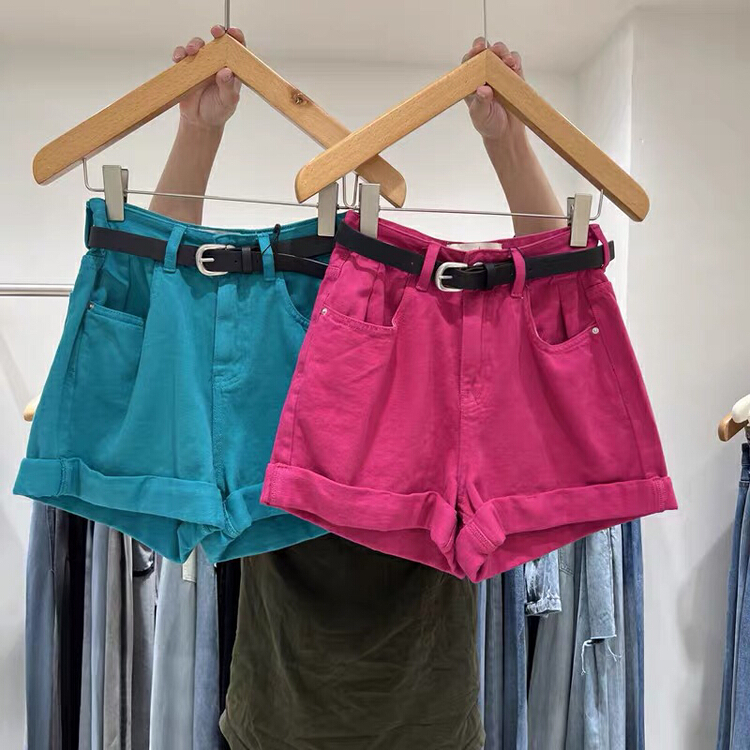 [by flow] Korean casual cuffed color denim shorts (with belt) w559\xyy