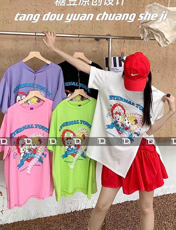 [tangdou original] mesh lace split Pullover short sleeve T-shirt 9673\wtt