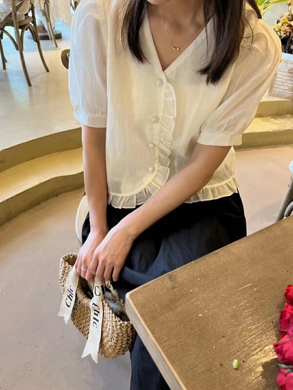 [baby] fungus edged V-neck single breasted shirt 8653\wtt
