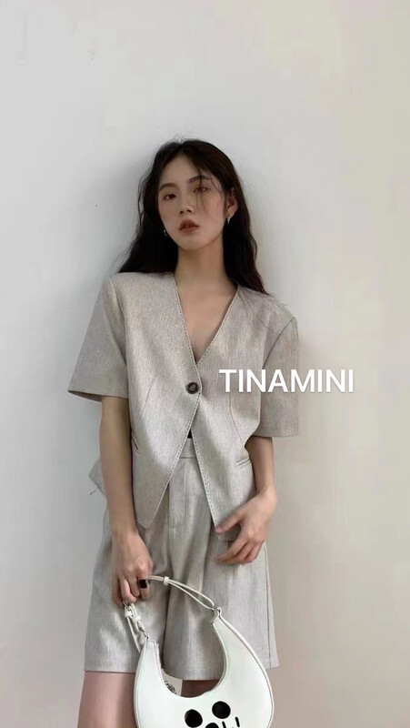 [tinamini] Korean version open thread V-neck short sleeve shirt + high waist casual Shorts Set k918\hjy