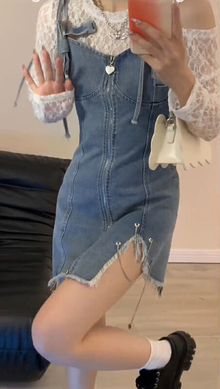 [Huaxi] French minority Lace Top + high sense denim suspender dress suit (only suit) 9119\pcz