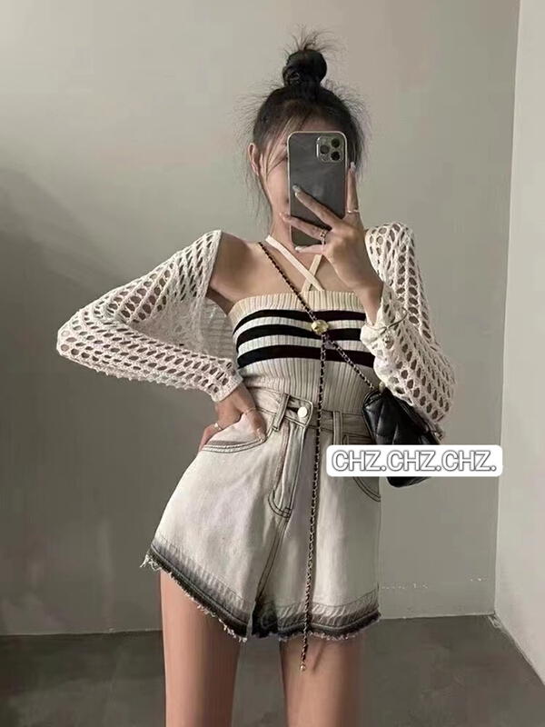 [c.h.z] Korean versatile neck stripe Vest + sunscreen top suit a007767\wtt