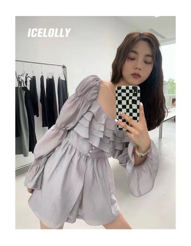 [tinamini] hanshuxian square neck long sleeve shirt + casual Shorts Set 6806\hjy