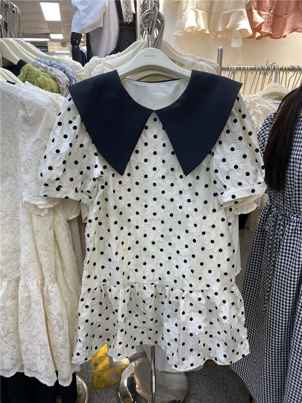 [o.lucky] French style large lapel polka dot dress 1875\hbx