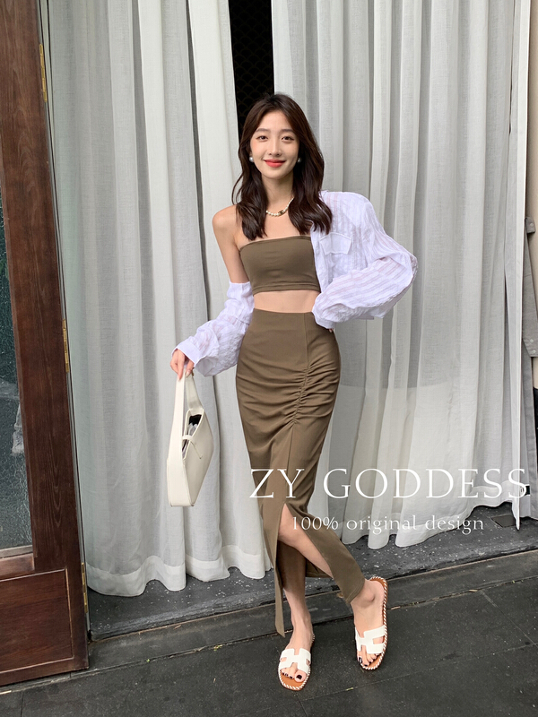 【 ZY 】 Strapless slit long skirt shirt set sunscreen slim three piece set 68579