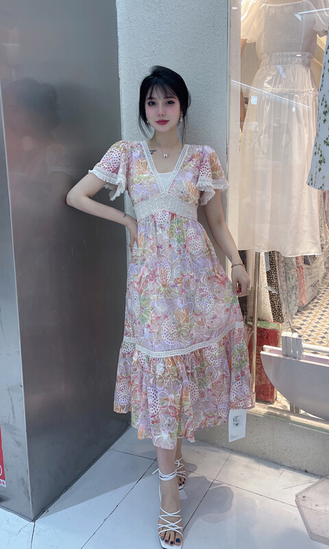 [mi2] temperament floral bubble sleeve waist dress (with interior backing) a3259 \jj