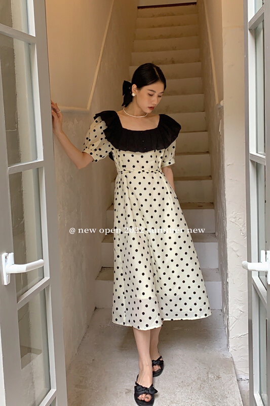 [new open] French square neck patchwork Ruffle polka dot dress hl22869\zxx