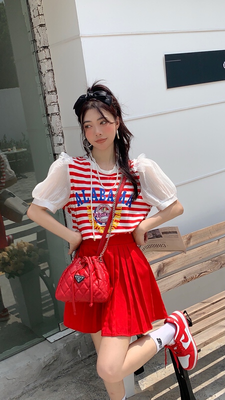 [our] Korean fashion print stripe lace short sleeve T-shirt 10206\lsw