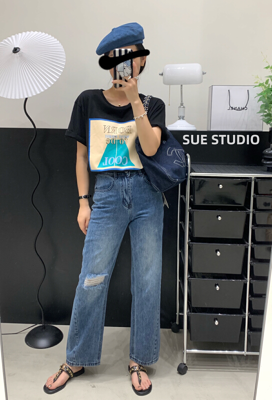 [Sue studio] fashion straight jeans with holes 8322\zjy