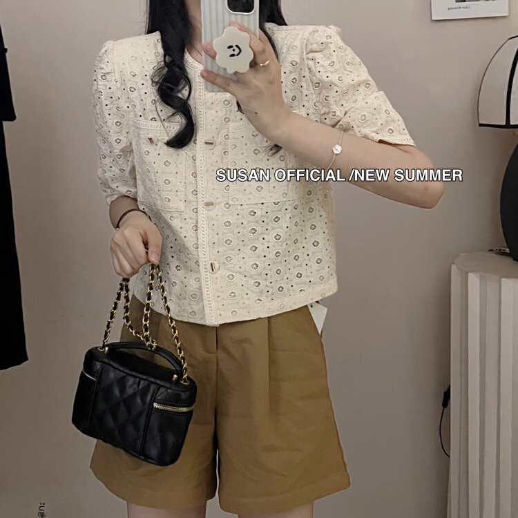 [Susan] lady embroidered hook flower and rib short shirt 18912\lsw
