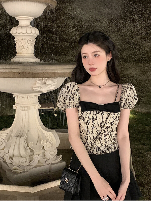 [by] French style square neck small fragrance bow shirt (excluding matching) 6858\\cl