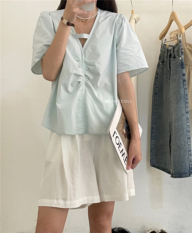 [broccoli] fresh and simple V-neck pleated shirt 064\zjy