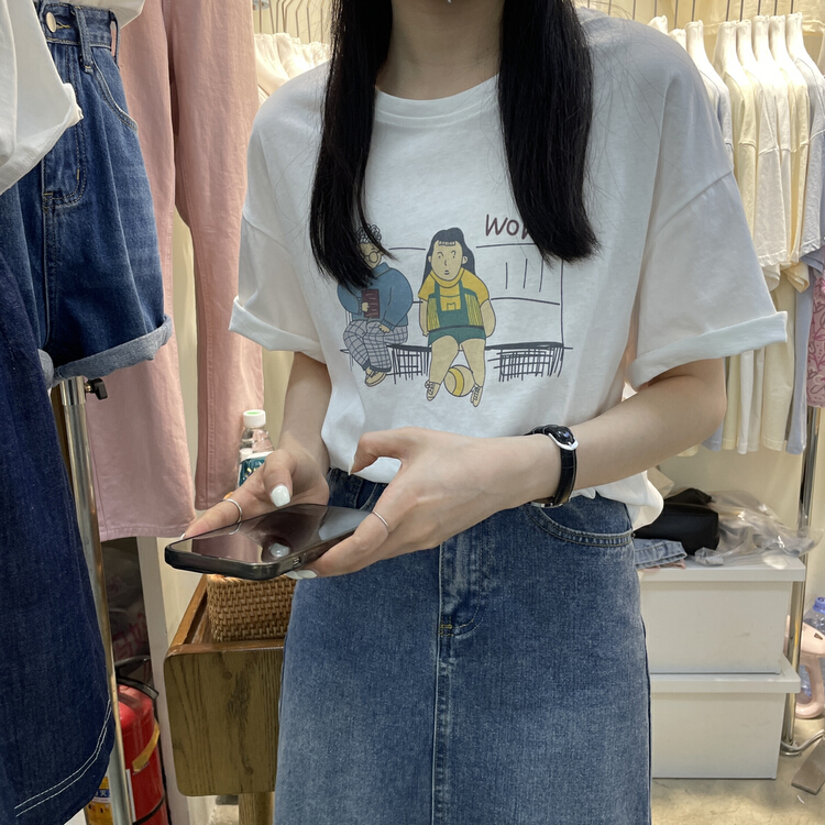 [Li Bai] Korean character print loose slim short sleeve T-shirt 2835-5\ll