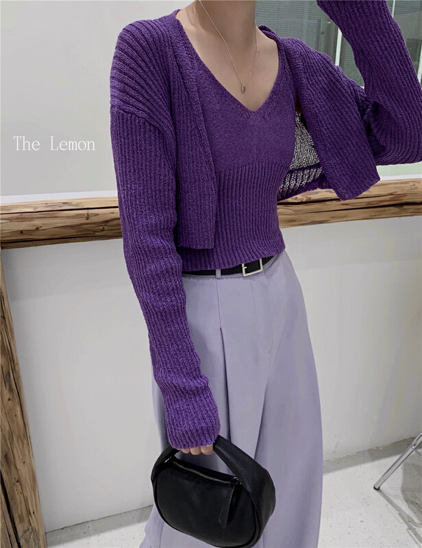 New year in early spring! [lemon green tea] Korean soft and versatile knitted cardigan + suspender vest suit kk-035\hjy