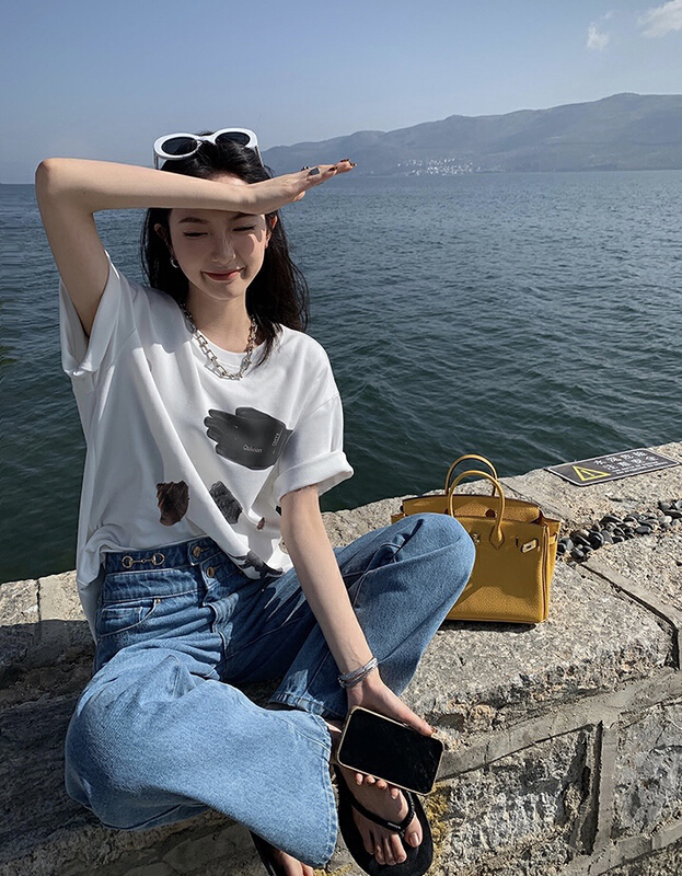 [savage] fashion print loose retro short sleeve T-shirt e8339\wpl