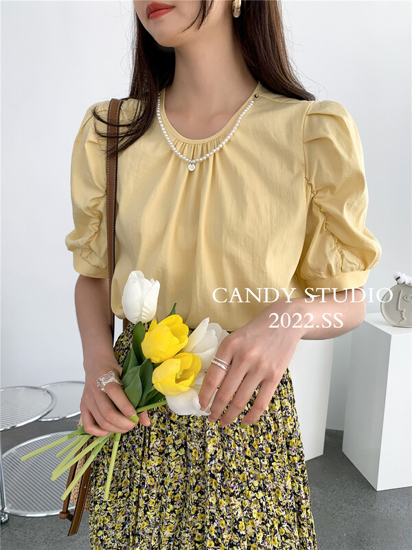 [candy] Korean version solid color bubble sleeve short sleeve T-shirt (without chain) ys1-b3169\zsy