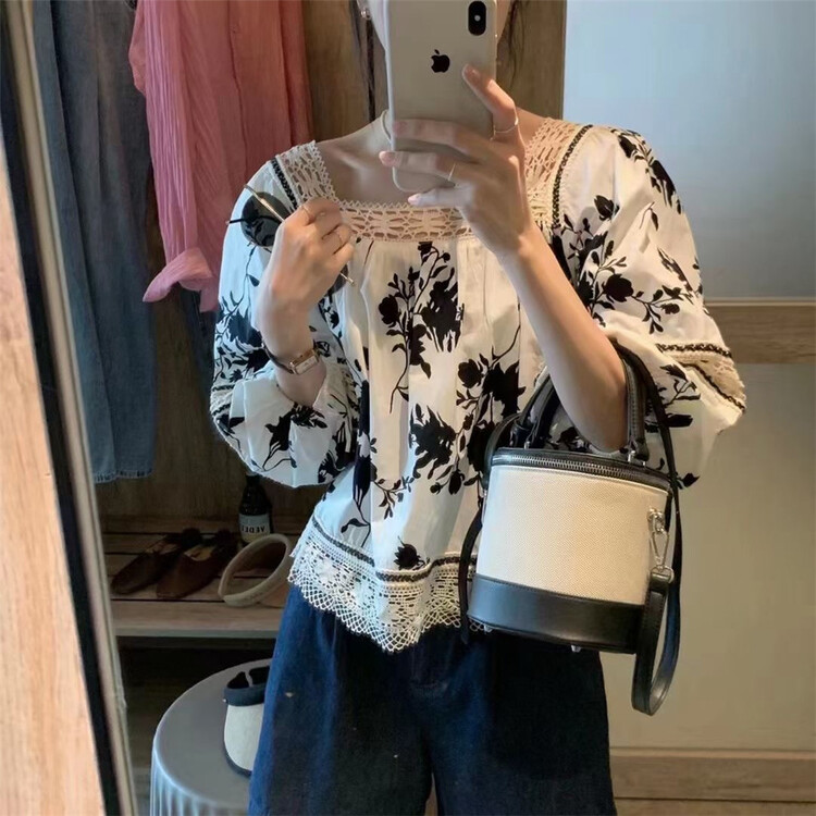 [m.zi studio] Korean version retro square collar floral shirt 5871\hbx