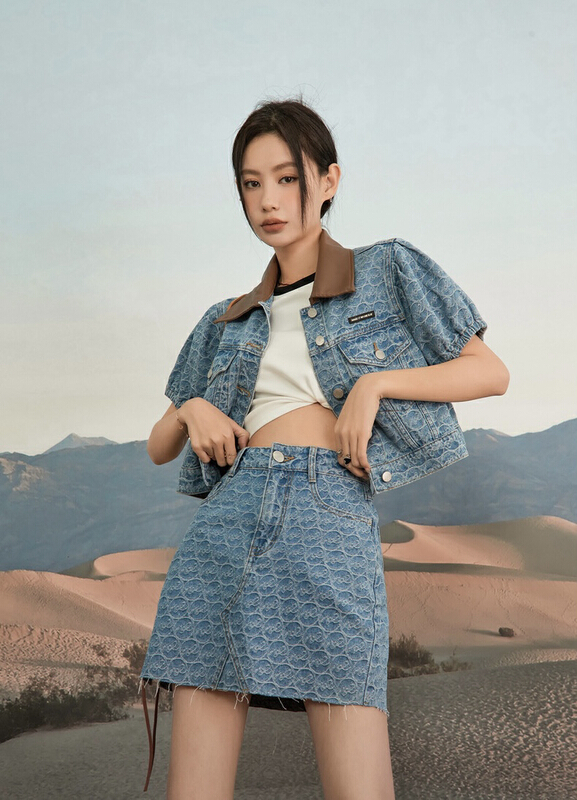 [Dandan] French contrast collar denim coat + high waist slim skirt suit (suit only) 9533\lsw