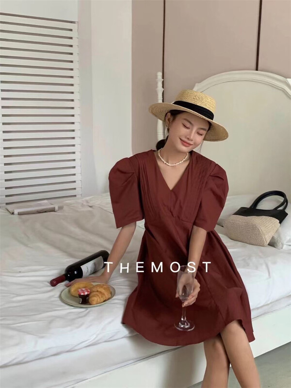 [the most] fashion V-neck fresh and simple bubble sleeve dress 8883\hbx