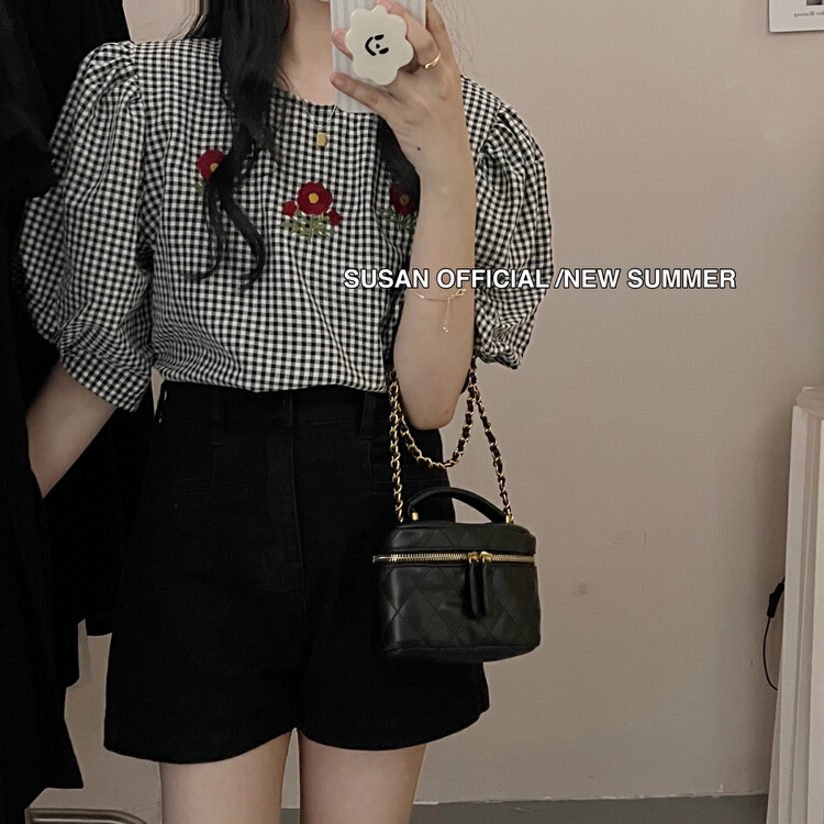 【 Susan 】 flower embroidery Plaid versatile shirt 19197\lsw