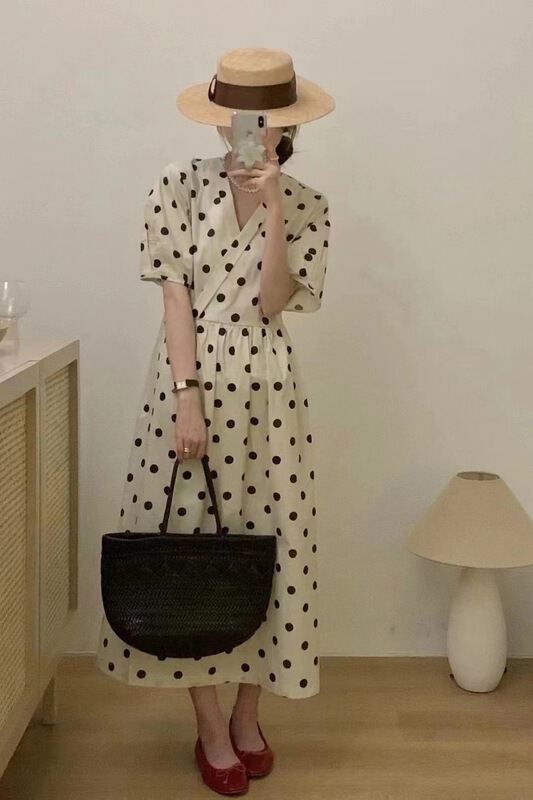 [o.lucky] V-neck wave point versatile dress 1413\hbx
