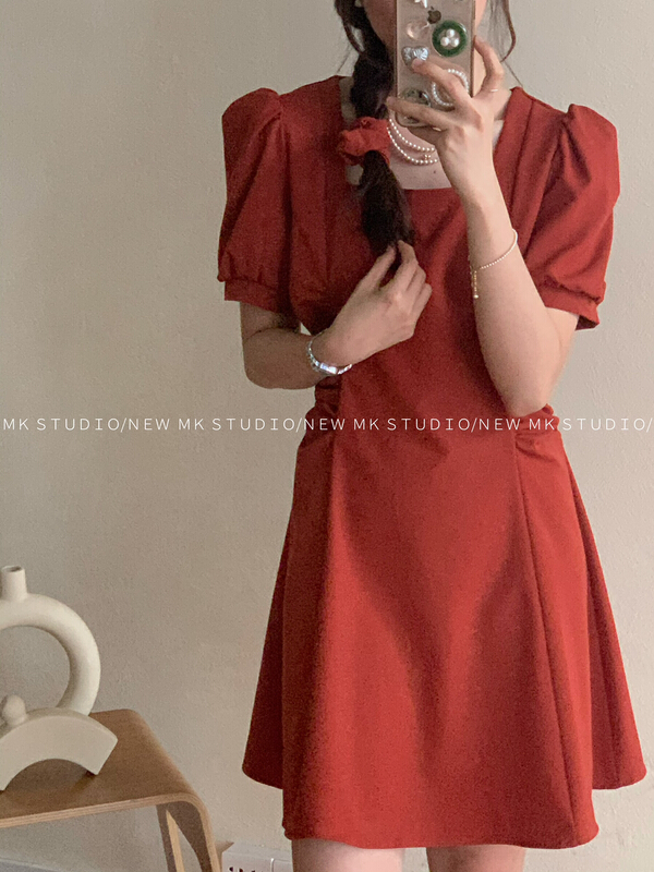 [chen/mk] French waist pleated slim dress (with head rope) 3286\hjy