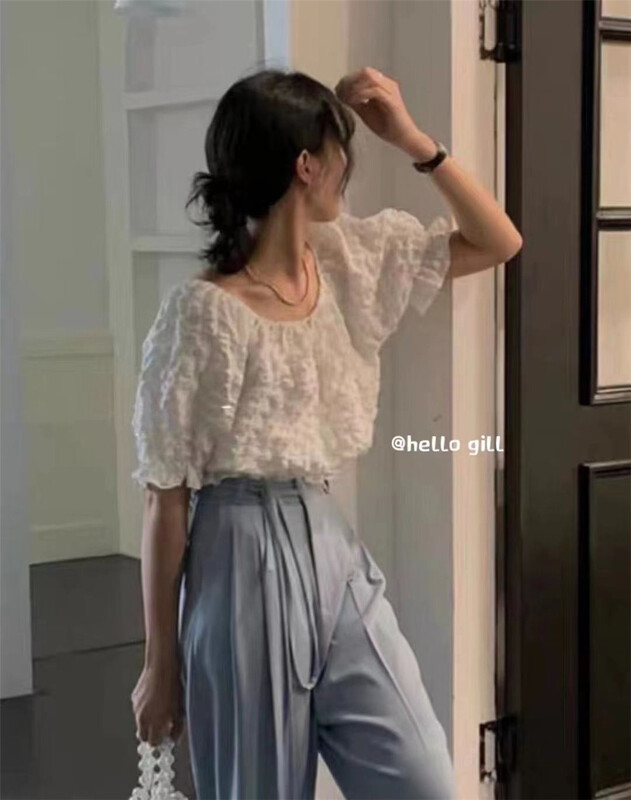 [gill] bubble check off shoulder short shirt 7051\zjy