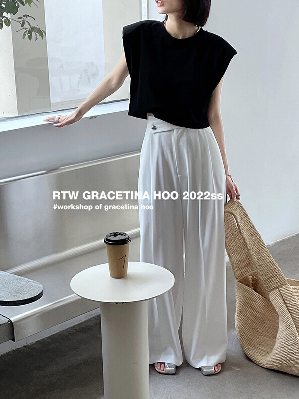 [gracetina Hoo] diagonal buckle waist to show thin and falling feeling, floor dragging casual pants k9160