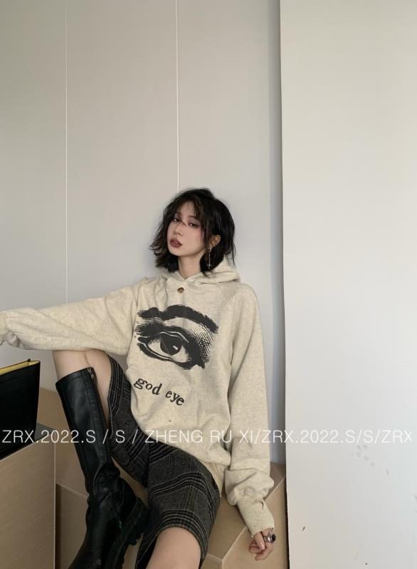 New year in early spring! [zhengruxi] Korean version large eye printed hooded loose sweater 11461\wtt