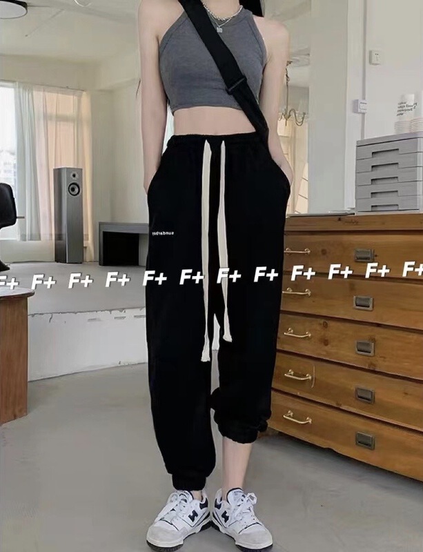 【F】 Lettered drawcord cuffed elastic waist casual pants 1368\hbx