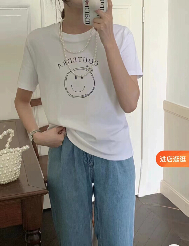 [HH &miss Lai] smiling face printed loose short sleeve T-shirt 3407\l