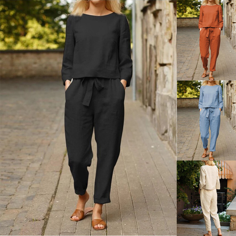 2022 cross border Amazon express European and American women's autumn solid color casual tops and Pants Set