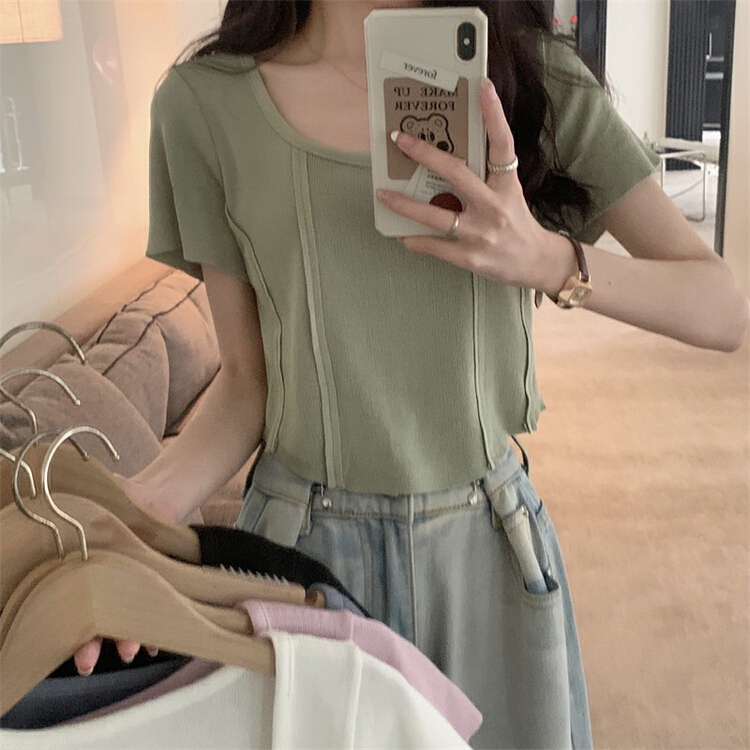 [f · P] exotic sexy square collar irregular versatile T-shirt 28626\hbx