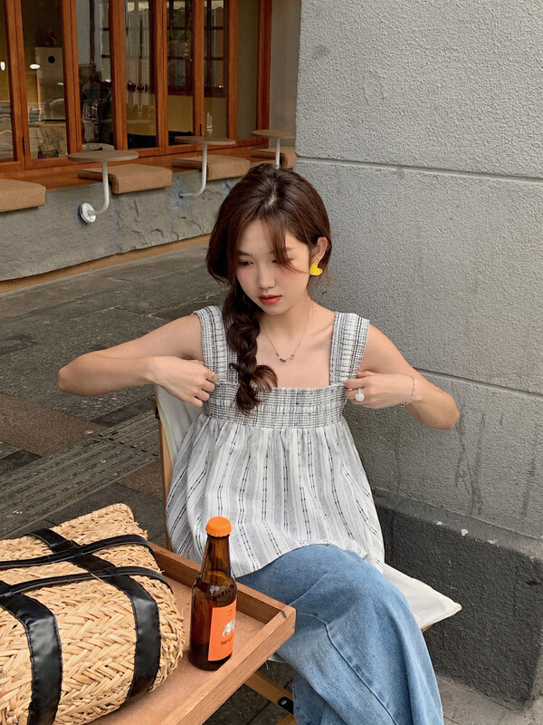 [dolly] stripes contrast color retro temperament slim age reducing versatile rubber band pleated blouse 5680\pcz