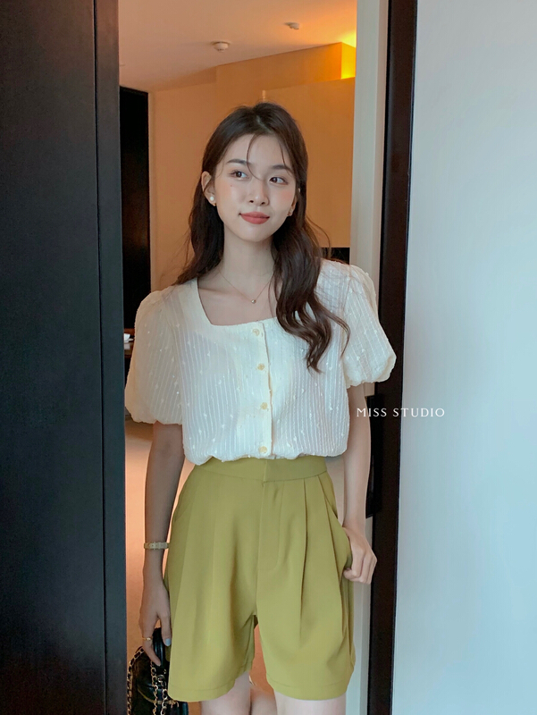 [miss miss home] Korean style square collar Sequin featured button up blouse f2235