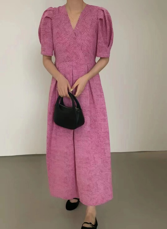 [hi] Korean V-neck Printed Dress 9766\hjy