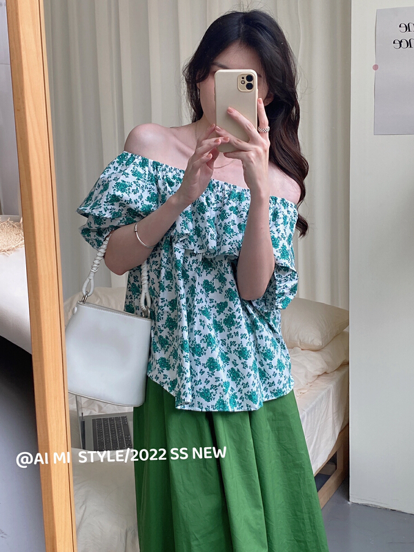 [aimi] Korean style small floral one line collar shirt 10766\hbx
