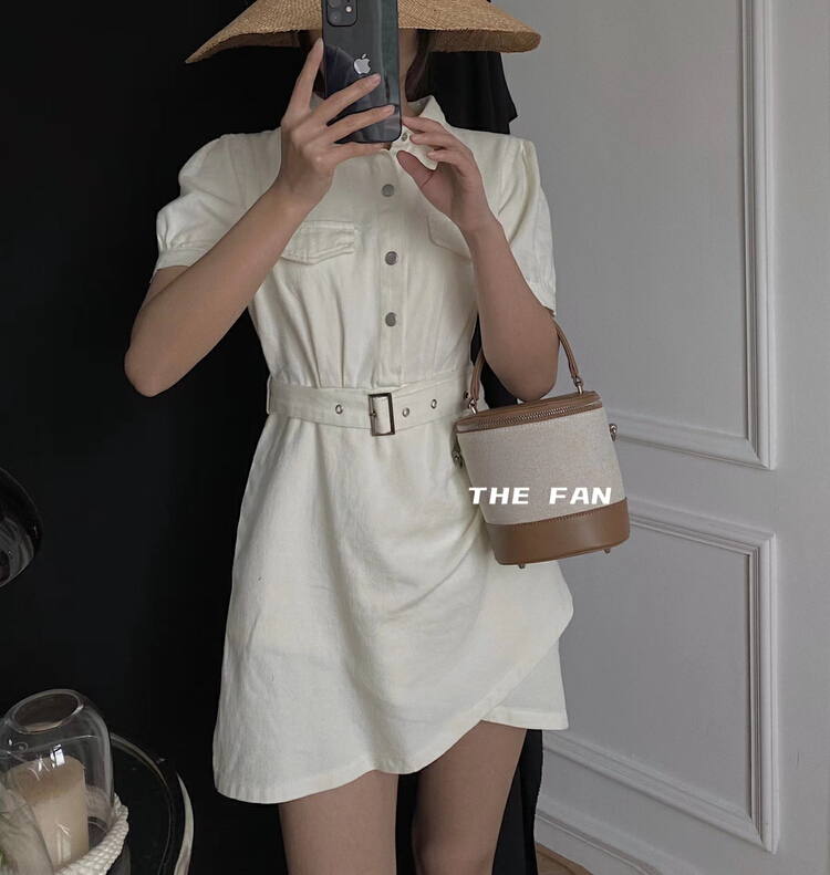 [the fan] Korean casual Lapel denim dress (with waist rope) 50026\pcz