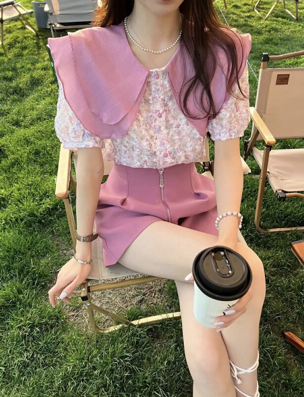 [y.jia EJA] lotus leaf collar floral shirt + pleated High Waist Shorts Set ys1-8996\pcz