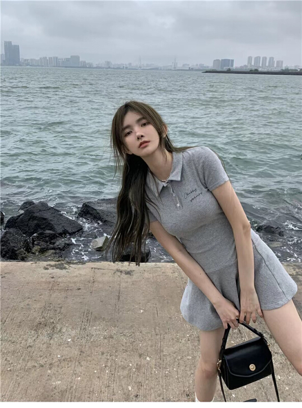 [Hello Miss] Korean simple polo collar waist dress ys1-6273\pcz