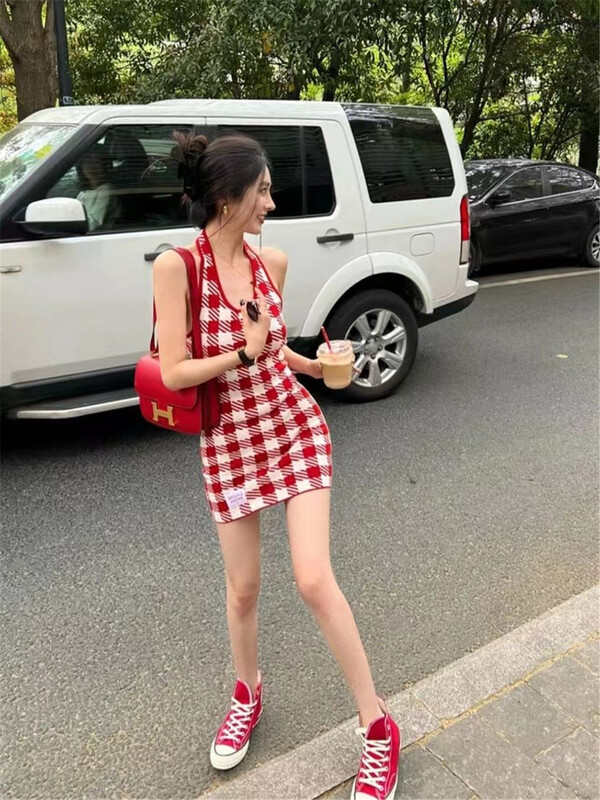 [mix] pure style, slim and slim, hip wrapped and neck hung Plaid Dress 1019\wtt