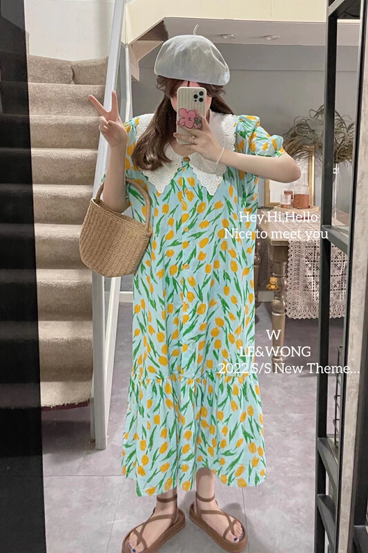 [le&wong] tulip flower temperament Lapel dress dress dress 8962