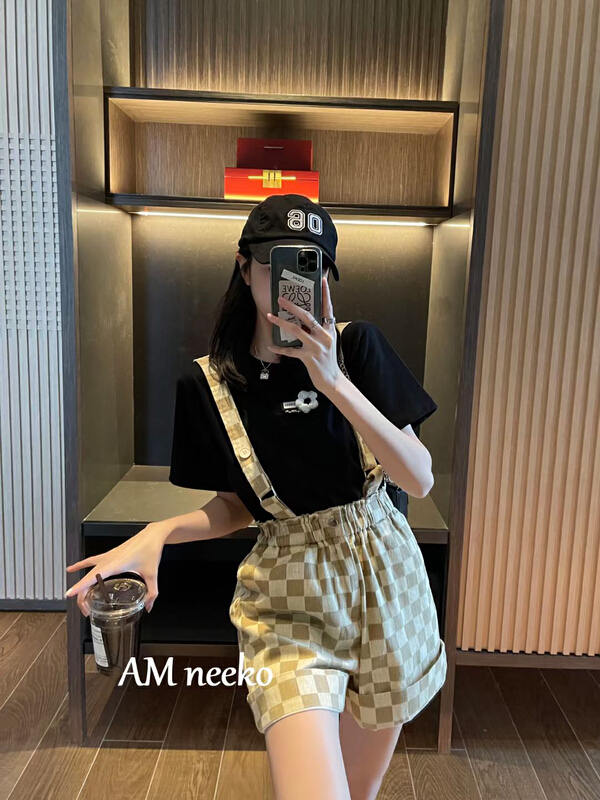New year in early spring! [neeko] age reduced Korean contrast checked strap pants (only strap pants) 3352\xyy