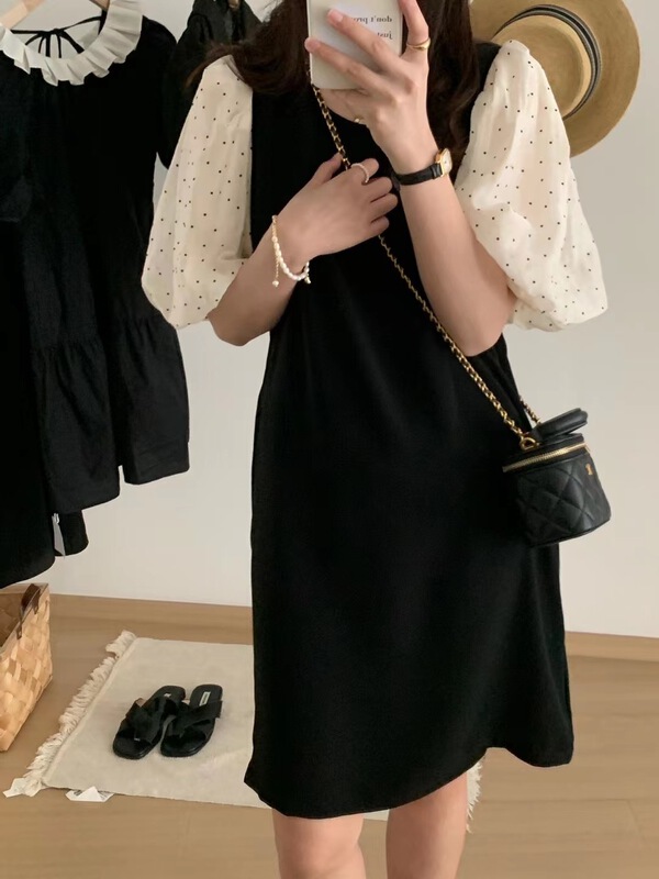 [o.lucky] French retro Polka Dot sleeve waist dress 1869\hbx
