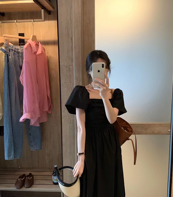 [U grain] Korean version square neck bubble sleeve dress 5766\hbx