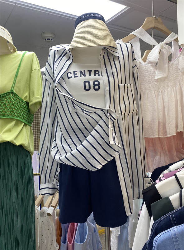 [OIT] simple striped shirt + versatile comfortable Vest + basic casual Shorts Set 9167\hbx